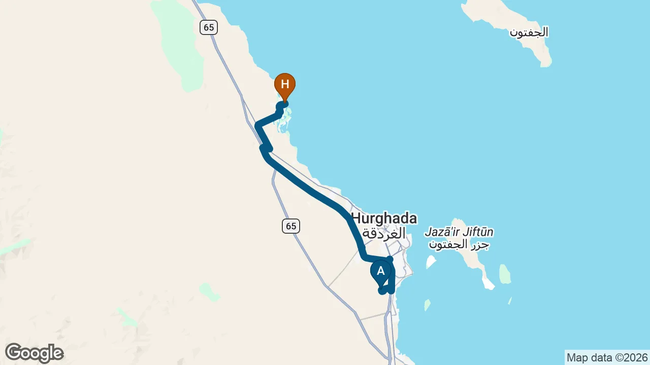 Driving route from Hurghada Airport to Sheraton Miramar Resort
